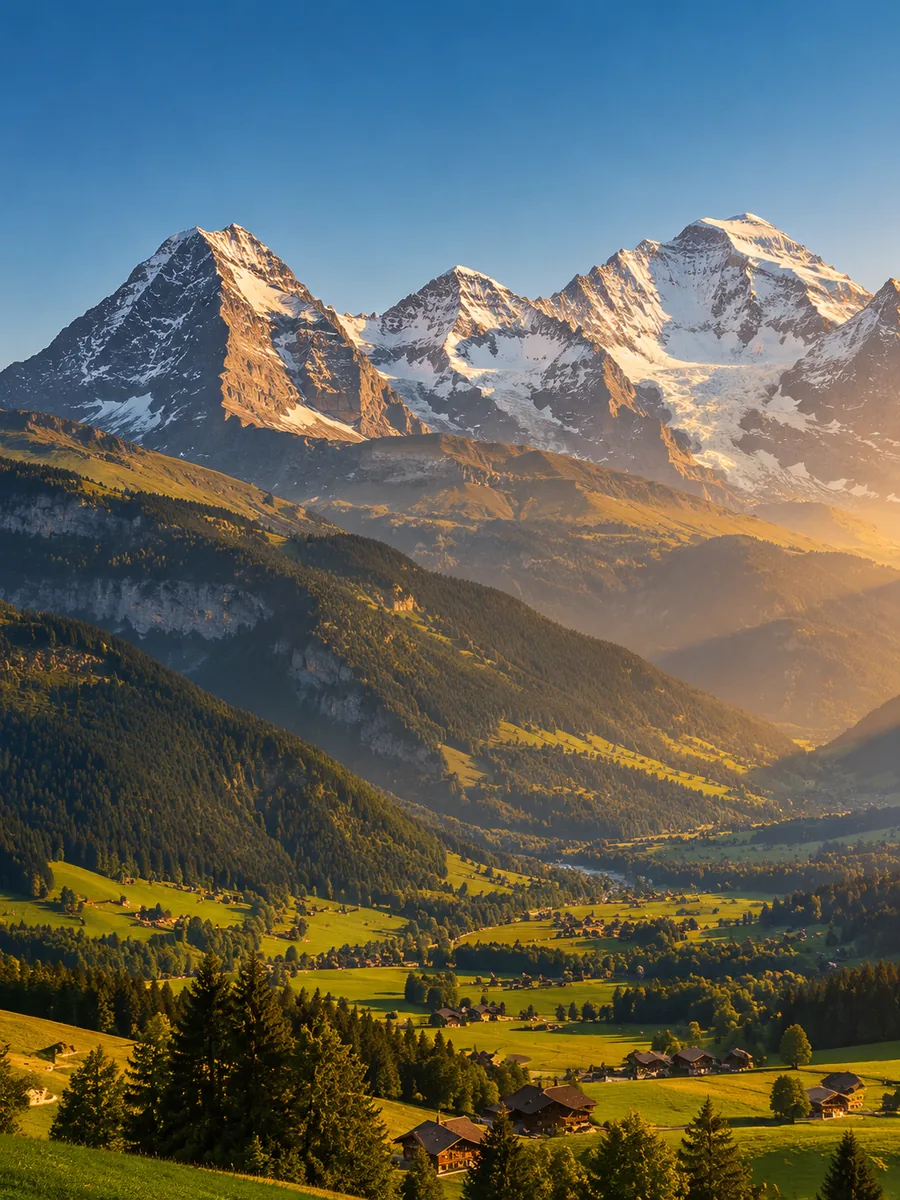 Eiger, Mönch und Jungfrau, die über einem grünen Alpental im Abendlicht aufragen